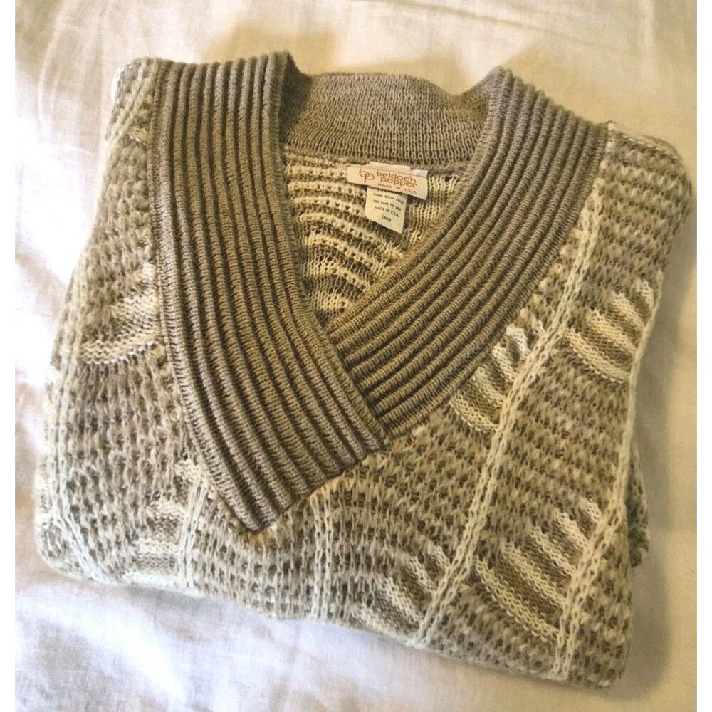 Vtg 80s Beldoch Popper Sweater Womens Size L Mohair Blend V Neck Beige Crop